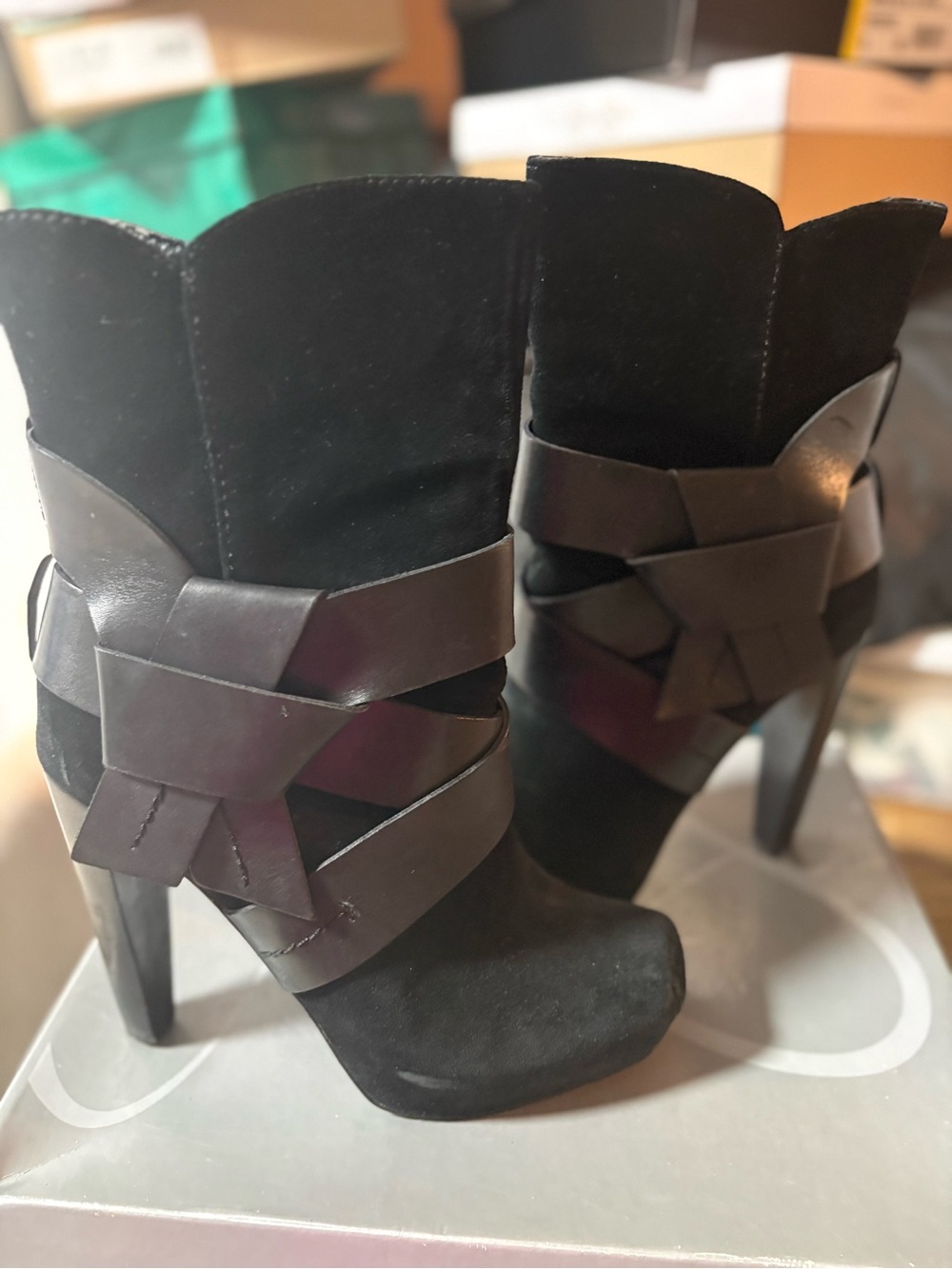 Jessica Simpson Black Suede High-Heel Ankle Boots with Braided Leather Straps